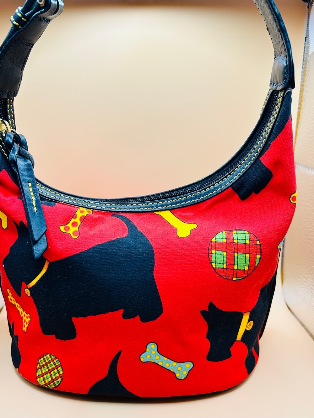 Dooney & Bourke Red Patterned Hobo Bag with Scottish Terriers, Plaid Interior